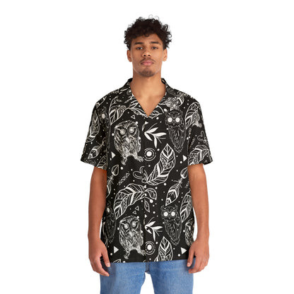 Black With White Designs Men's Owl Seamless Patterns Button Up Shirt (AOP)