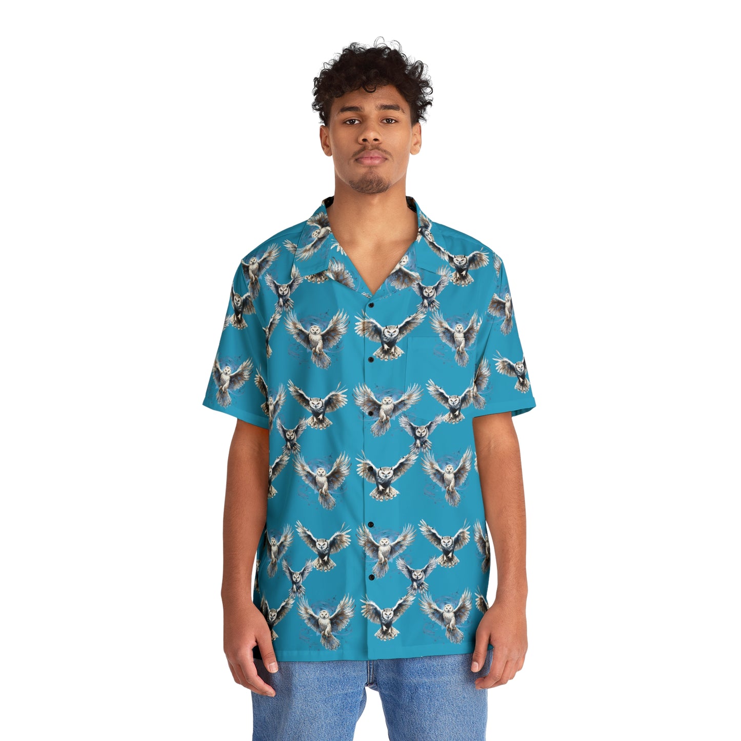 Light Blue Men's Owl Seamless Patterns Button Up Shirt (AOP)