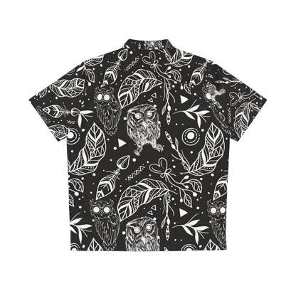 Black With White Designs Men's Owl Seamless Patterns Button Up Shirt (AOP)