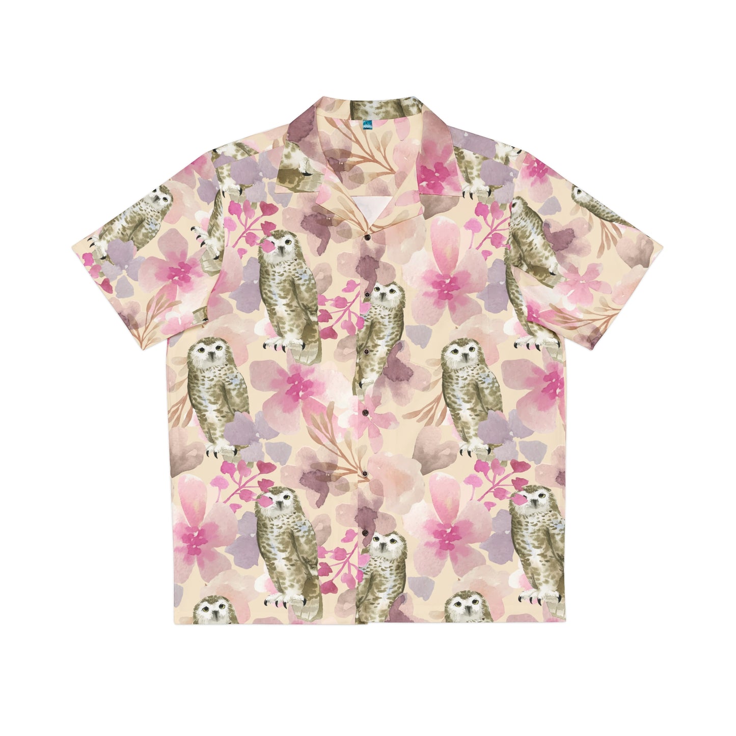 Pink With Flowers Owl Button Up, Men's Owl Hawaiian Shirt (AOP)