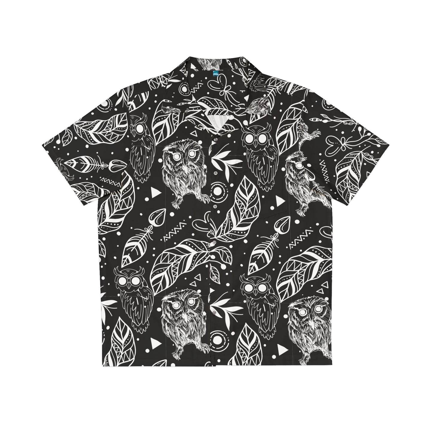 Black With White Designs Men's Owl Seamless Patterns Button Up Shirt (AOP)