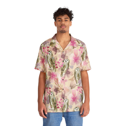 Pink With Flowers Owl Button Up, Men's Owl Hawaiian Shirt (AOP)