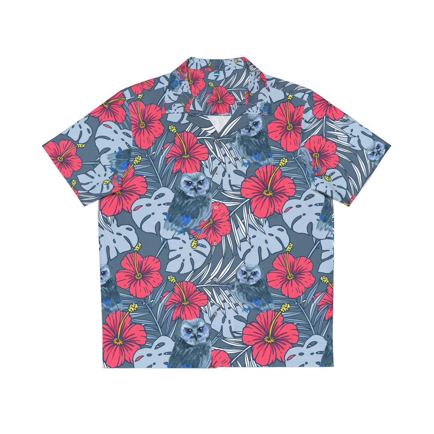 Blue Owl Button Up, Men's Owl Hawaiian Shirt (AOP)