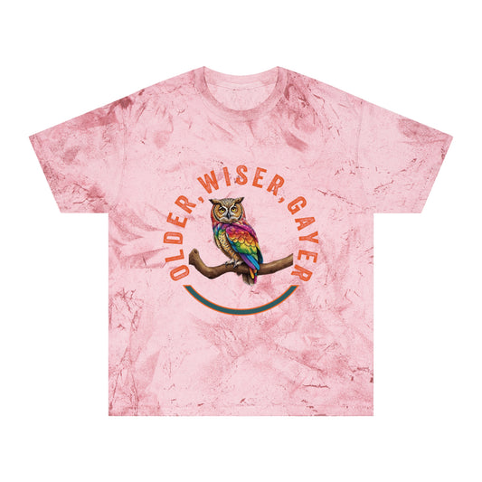 “Older, Wiser, Gayer” Owl design - Unisex Color Blast T-Shirt