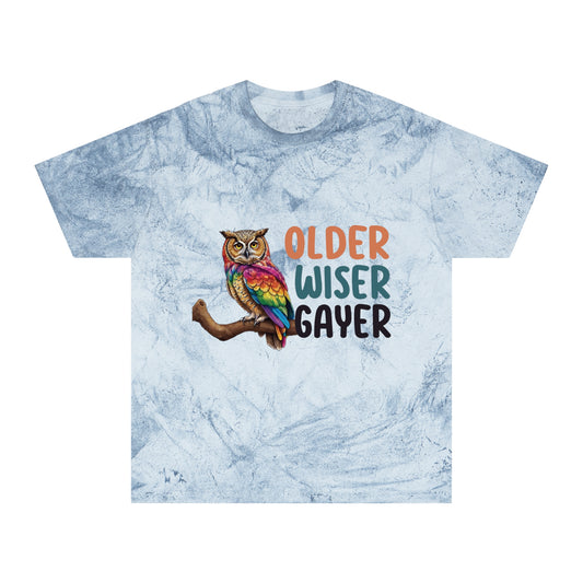 “Older, Wiser, Gayer” Owl design - Unisex Color Blast T-Shirt