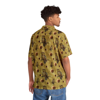 Gold Men's Owl With Moon Seamless Patterns Button Up Shirt (AOP)