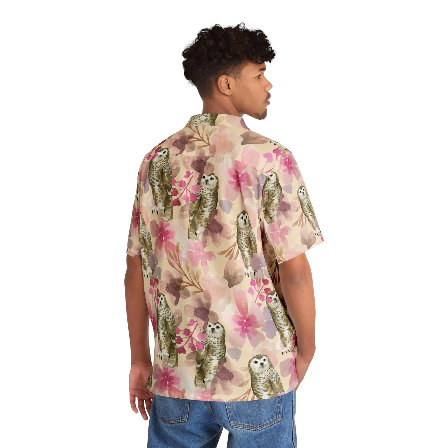 Pink With Flowers Owl Button Up, Men's Owl Hawaiian Shirt (AOP)