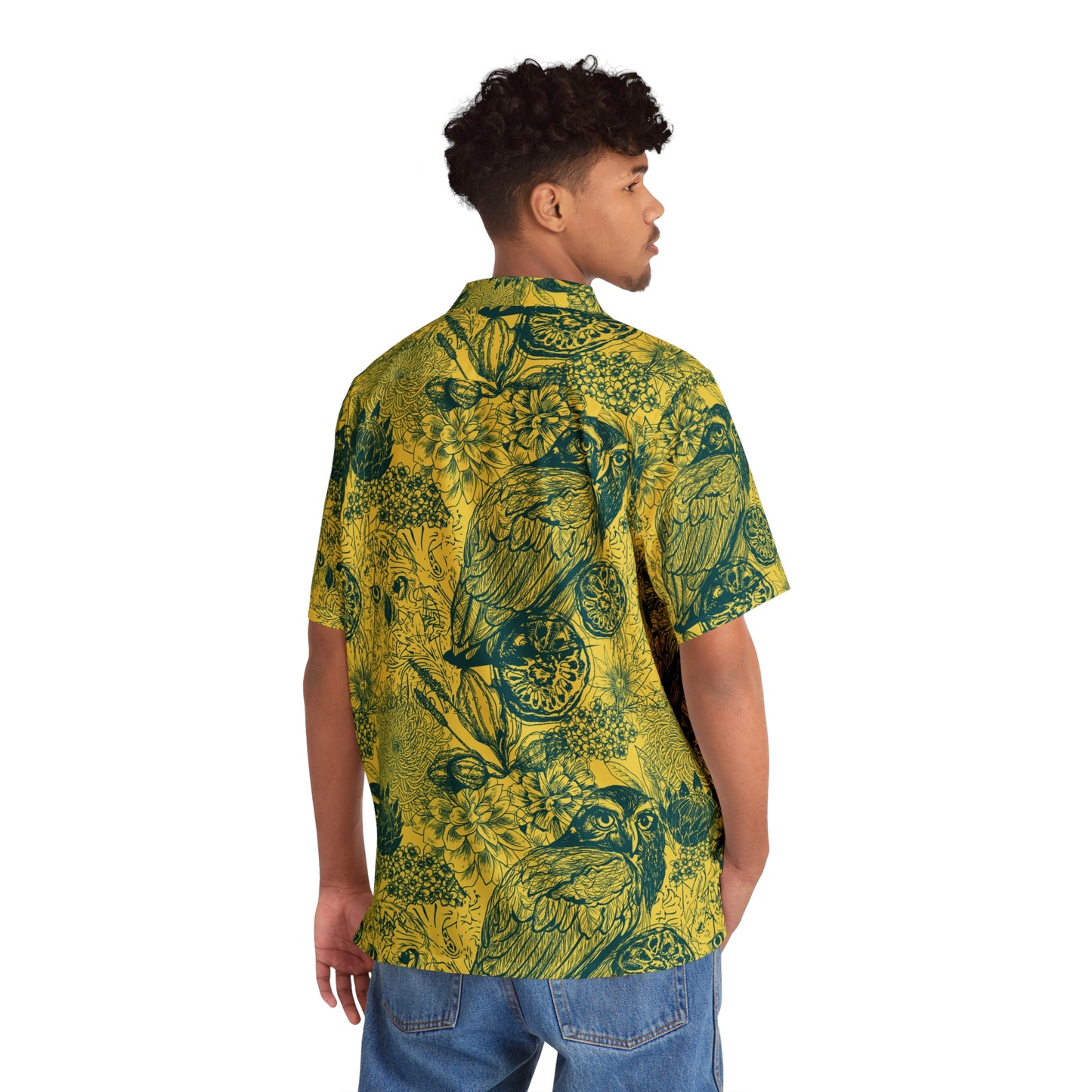 Yellow/Green Men's Owl Seamless Patterns Button Up Shirt (AOP)