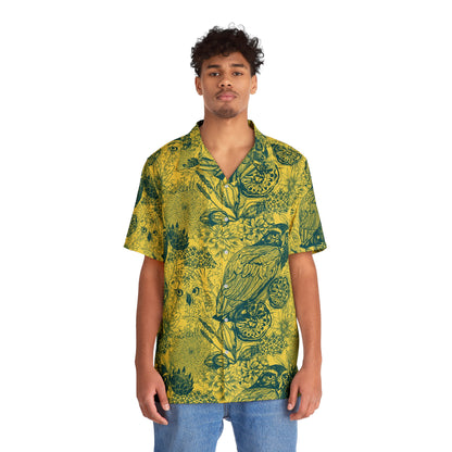 Yellow/Green Men's Owl Seamless Patterns Button Up Shirt (AOP)