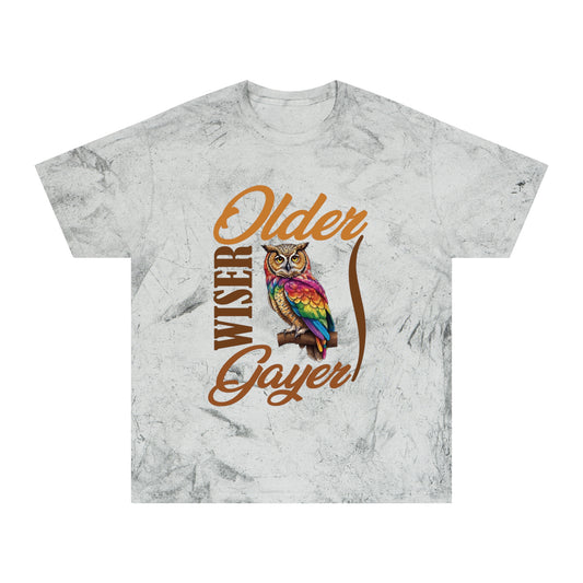 “Older, Wiser, Gayer” Owl design - Unisex Color Blast T-Shirt