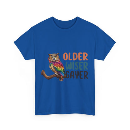 “Older, Wiser, Gayer” Owl design - Unisex Heavy Cotton Tee