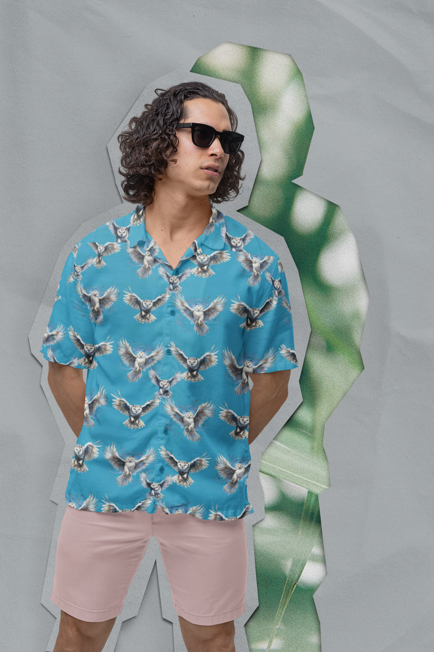 Light Blue Men's Owl Seamless Patterns Button Up Shirt (AOP)