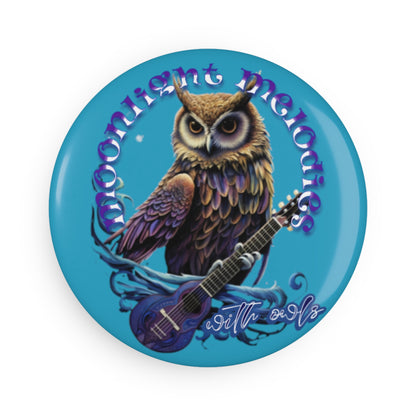 “Moonlight Melodies, With Owls” Owl Blue Button Magnet, Round (1 & 10 pcs)