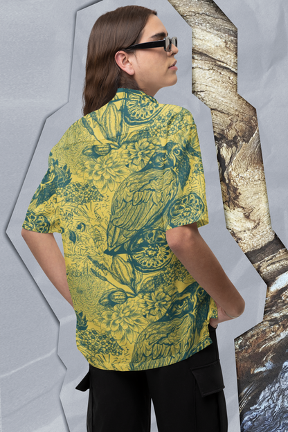 Yellow/Green Men's Owl Seamless Patterns Button Up Shirt (AOP)