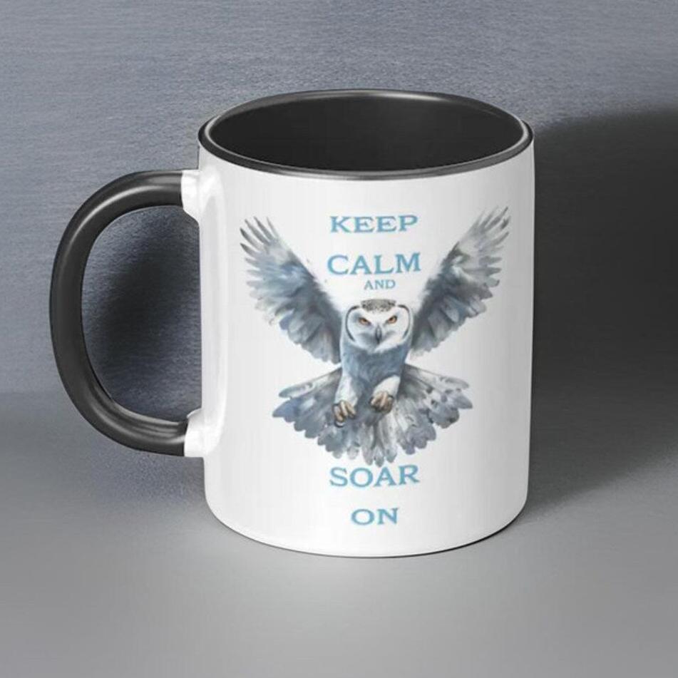 Keep calm and soar on owl mugs