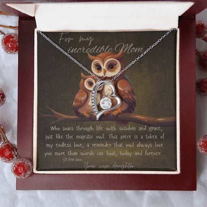 “For my incredible mother, love daughter” owl message necklace