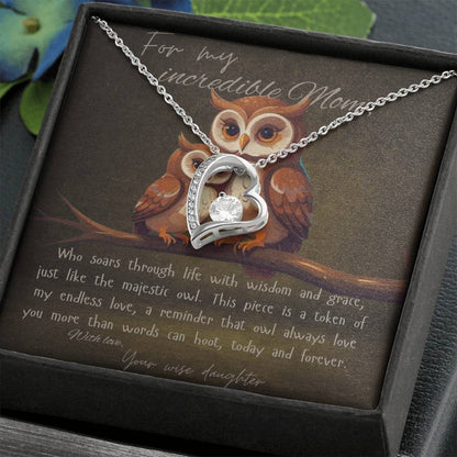 “For my incredible mother, love daughter” owl message necklace